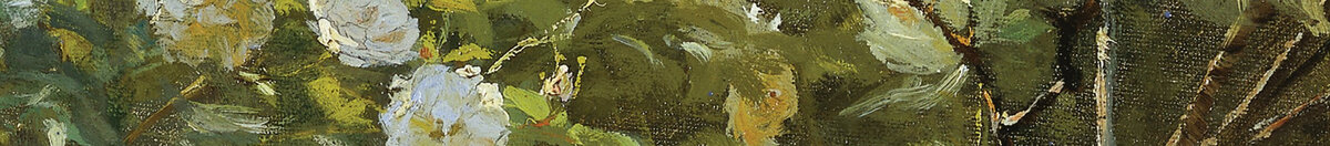 Marie Krøyer sentada na cadeira de repouso no jardim junto à casa da Sra. Bendsen (Peder Severin Krøyer), Detail: Weiße Rosenblüten