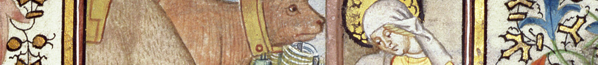 Manuscrito 69 f. 48r, Nascimento de Jesus, do livro de horas do "Mestre de Jacques de Besançon" (French School), Detail: Ochs, Esel und Maria