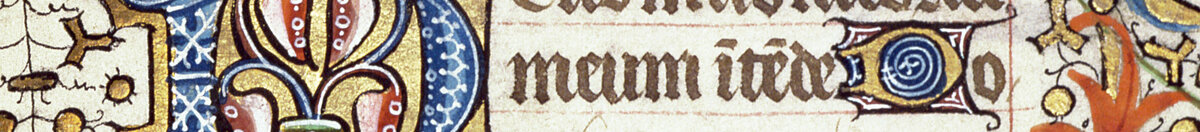 Manuscrito 69 f. 48r, Nascimento de Jesus, do livro de horas do "Mestre de Jacques de Besançon" (French School), Detail: Initiale D mit Schriftband