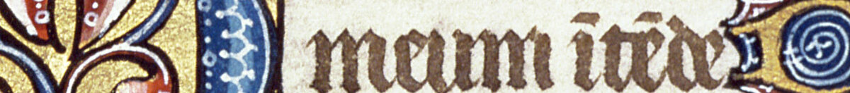 Manuscrito 69 f. 48r, Nascimento de Jesus, do livro de horas do "Mestre de Jacques de Besançon" (French School), Detail: Initiale und Textzeilen