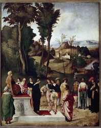 Moisés criança submetida à prova de fogo e ouro pelo Faraó. detalhe (Óleo sobre madeira, c.1502)