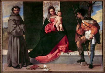 A Virgem e o Menino entre Santo António de Pádua (san antonio di padova) e São Roch Pintura de Giorgio Barbarelli da Castelfranco dit Giorgione (1477-1510). Sol do século XVI. 0,92x1,33 m Madrid, Museu do Prado.