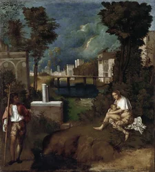 A tempestade. Detalhe da mulher amamentando seu filho e da paisagem - óleo sobre tela, cerca de 1505-1506