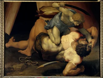 David e Golias. Pintura sobre ardósia de dupla face de Daniele da Volterra (1509-1566), escola italiana, século XVI, 1,33 x 1,72 m, Paris, Musée du Louvre