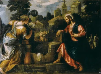Cristo e a mulher Samaritana no poço. Pintura de Paolo Caliari disse Paolo Veronese (1528-1588) ,1580. Real Monasterio de San Lorenzo de El Escorial.
