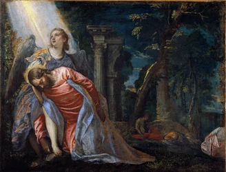 Cristo no jardim, apoiado por um anjo. Pintura de Paolo Caliari dit Paolo Veronese (1528-1588), circa