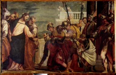 Jesus Cristo e o Centurião. O Centurião de Cafarnaum implorou a Jesus que guerreasse com o seu servo paralítico. Pintura de Paolo Veronese (1528-1588) Sol do século XVI. 1,92x2,97 m Madrid, Museu do Prado.