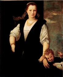 Retrato de uma mulher com uma criança e um cão (os filhos de Francesco Bevilacqua?) Pintura de Paolo Veronese Caliari (1528-1588) Sol do século XVI. 115x95 cm Paris, Musee du Louvre