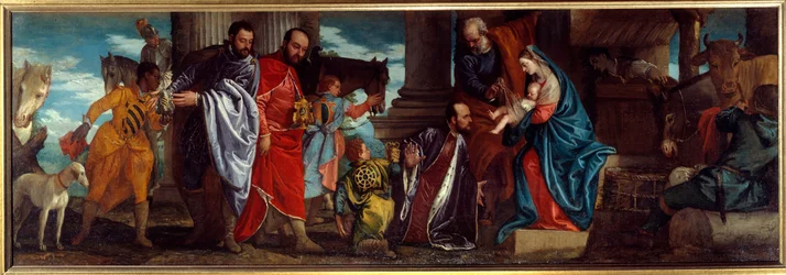 A Adoração da Pintura Magos por Paolo Caliari dit Paolo Veronese (1528-1588) Sol do século XVI. 1,34x2,94 m Lyon, Museu de Belas Artes