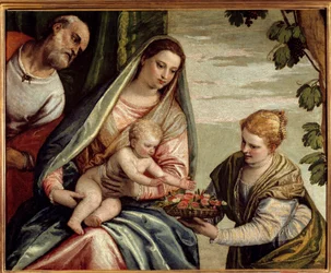 A Sagrada Família com um Doador (Saint Dorothee) Pintura de Paolo Veronese (1528-1588) Sol do século XVI. 0,76x0,94 m Bordeaux, Musee des Beaux Arts - A Sagrada Família com um doador (Saint-Dorothea). Pintura de Veronese (Paolo Caliari) (1528-1588)