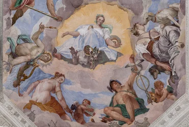 Harmonia Universal rodeada por deuses: Zeus com uma águia, Marte, Apolo com a lira, Vénus, Mercúrio com caduceu, Diana com cães, e Saturno, o octógono central do Salão do Olimpo