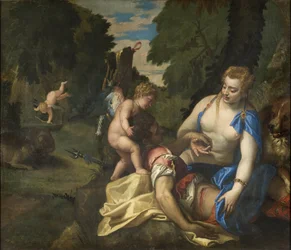 Venus pleurant Adonis - Venus Mourning Adonis, de Veronese, Paolo (1528-1588). Óleo sobre tela. Dimensão : 145x173,5 cm. Nationalmuseum Estocolmo