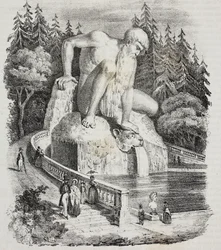 Colossus of Apennines (de Giambologna) no parque de Villa Demidoff (Villa Medicea de Pratolino), Vaglia, Toscana, Itália, litografia de Giovanni Mariani de Poliorama Pittoresco, n 10, 15 de outubro