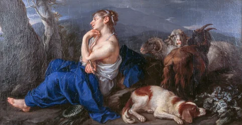Erminia escrevendo o nome da sua amada no tronco, por Francesco Fernandi conhecido como o Imperiali (1679-1740), óleo sobre tela, 42x80 cm