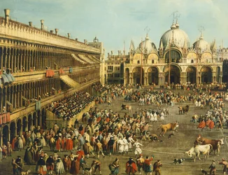 Tourada ou Caça ao Touro na Piazza San Marco, por Giovanni Antonio Canal, conhecido como Canaletto (1697-1768) e por Giovanni Battista Cimaroli (1687- depois de 1753), óleo sobre tela, 99x145 cm