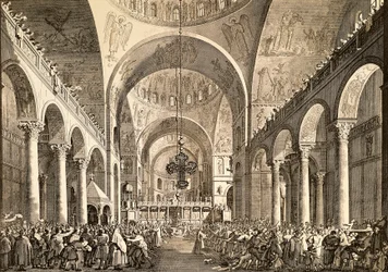 Festival veneziano, o recém-eleito Doge de Veneza a ser apresentado ao povo na Basílica de San Marco, por Giovanni Antonio Canal, conhecido como Canaletto (1697-1768) e Giovanni Battista Brustolon (1712-1796), gravura. Itália