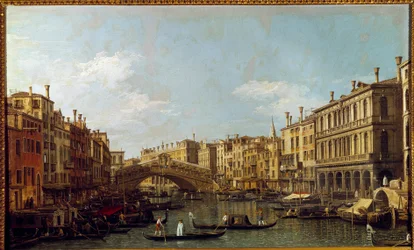 O Grande Canal e Ponte Rialto a Veneza Pintura de Antonio Canal dit Il Canaletto (1697-1768) Paris do século XVIII, Musee Jacquemart Andre