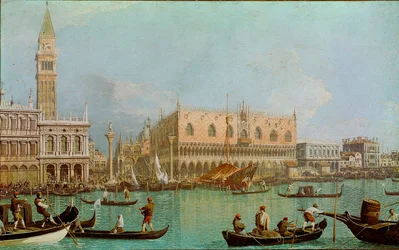 O Mole com o Palácio Ducal da bacia de São Marcos (Il molo col Palazzo Ducale dal bacino di San Marco). Vista de Veneza, Palácio de Doge e Praça de São Marcos tirada do Canal. Pintura de Giovanni Antonio Canal dit il Canaletto (1697-1768)