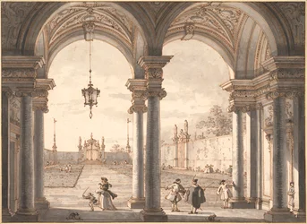 "Vista através de uma Colunata Barroca em um Jardim" Desenho da caneta de Antonio Canaletto (1697-1768) 1760-1768 Dim 33,1x45,4 cm Albertina, Viena