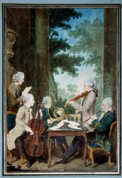 Senhores Duport, Vachon, Rodolphe, Provers e Vernier - Retrato de um grupo de músicos durante um concerto. Aguarela de Louis Carrogis (1717-1806), dito Carmontelle. Século XVIII. 0,34 x 0,23 m. Chantilly, Musée Condé