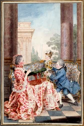 La belle Madame Caze, esposa do fazendeiro geral e seus filhos Watercolour de Louis Carrogis (1717-1806) dit Carmontelle. Sol do século XVIII. 0,32x0,21 m Chantilly, conde musee