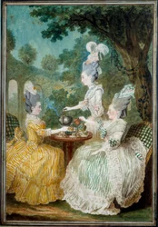 Senhoras de Montesson, Crest e Damascus tomando a Aquarela de Louis carrogis dit Carmontelle (1717-1806) 1773. Paris, Musee Carnavalet