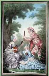 Madame de Meaux, Mademoiselle de Meaux e Monsieur de Saint Quentin repetindo uma ópera cômica Watercolour de Louis Carrogis Carmontelle (1717-1806) Chantilly do século XVIII, Musee Conde