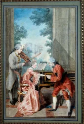 Mademoiselle Delou, Monsieur Philippe e Monsieur de Texier Um cavalheiro presta homenagem a um jovem pianista. Aguarela de Louis Carrogis, dit Carmontelle (1717-1806) Paris do século XVIII, Musee Carnavalet - Mademoiselle Delou, Monsieur Philippe e Monsieu