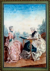 Mademoiselle Melin e Mademoiselle de Laleu fazendo tapeçaria de aquarela por Louis cengis dit Carmontelle (1717-1806) 1759. Paris, Musee Carnavalet
