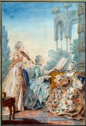 As três filhas do compositor Joseph Nicolas Pancrace Royer (1705-1755) interpretando a partitura do balé Zaide Aquarelle de Louis Carrogis Carmontelle (1717-1806) 1760 Paris, Musee Carnavalet