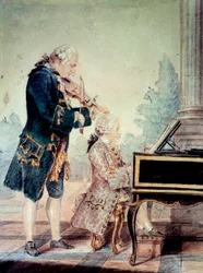 Wolfgang Amadeus Mozart (1756-1791) em criança a tocar piano com o pai Leopold. Aguarela de Louis Carrogis Carmontelle (1717-1806), 1777, Paris, Musée Carnavalet