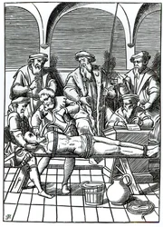 Tortura com água, segundo uma xilogravura da obra "Praxis Rerum Criminalium" de Joos de Damhouder (1507-81), publicada em Antuérpia