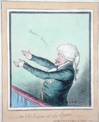 An Old Encore at the Opera! gravada por James Gillray (1756-1815) publicada por Hannah Humphrey em 1803 (gravura colorida à mão)
