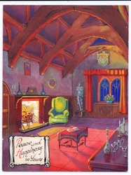 Arte original para um cartão de Natal de uma fogueira rugindo em um salão baronial, por volta de 1953