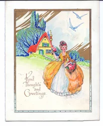 Arte original para um cartão de saudação de uma senhora com um vestido de crinolina, uma casa de campo e dois pássaros azuis, por volta de 1950