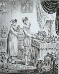 Progress of the Toilet: the Stays, etc. de James Gillray (1757-1815) publicado por Hannah Humphrey em 1810 (gravura)