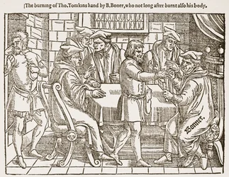 A queima de Tho. A mão de Tomkins por B. Boner, que não muito depois de queimar também o seu corpo, ilustração de 