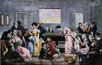 Sala de bilhar no século XIX, gravada por Marlet (cor litho)