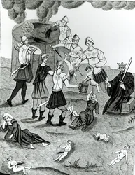 Judeus a tirar sangue de crianças cristãs para os seus ritos místicos, segundo um desenho do "Livro da Cabala de Abraão, o Judeu" (litografia) (fotografia a preto e branco)