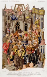 Cena da história de Fort Roy de Clovis. Mistério do século XV representando a fundação da Igreja de São Pedro e São Paulo, hoje Santa Geneviève. (da) Tela pintada da cidade de Reims.