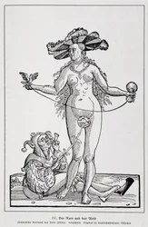 Mulher e louco a fazer cócegas no seu pénis com uma flor, "Der Rarr und das Weib", "Geschichte des Erotischen Kunst" de Edouard Fuchs, Berlim