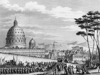 Revolução Francesa: Entrada triunfal dos franceses em Roma, na Itália, em fevereiro de 1798, liderada pelo general Louis Alexandre (Louis-Alexandre) Berthier, que invadiu os estados pontifícios e tomou a cidade de Roma em 11 de fevereiro.