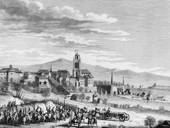 Guerra da Revolução Francesa: Entrada triunfante dos franceses em Berna (Suíça) em Março de 1798. Gravação por Berthaut depois de Girardet. Paris, Biblioteca do Instituto de História da Revolução