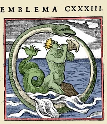 Um tritão e um ouroboros, ilustração "Emblemata" (Emblematum libellus) de Andrea Alciati (cor litho)