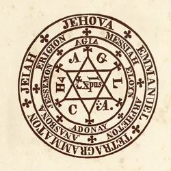 Ciências ocultas: círculo mágico. Esquema de «De Occulta Philosophia» do erudito ocultista alemão Henry Cornelius Agrippa de Nettesheim (1486-1535), conhecido como Cornelius Agrippa ou Agrippa de Nettesheim