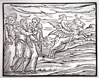 Bruxa atrona de um bode diabólico, cópia de uma ilustração do "Compendium Maleticarum" do Sr. F Guaccius, Milão 1608, usada numa "História da Magia", publicada no final do século XIX (xilogravura)