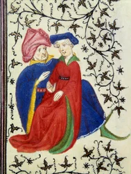 Uma cena galante. Detalhe de uma página do manuscrito "Les Tres Riches Hours du Duke François de Guise" iluminado pelo Mestre de Boucicaut. Século XV. Musee Conde, Chantilly.