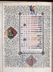 Página de manuscrito "Les Tres Riches Hours du Duke François de Guise", sinais decorativos do zodíaco e representação do trabalho agrícola, a colheita. Miniatura do Mestre de Boucicaut