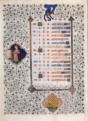 Página do manuscrito "Les Tres Riches Hours du Duke François de Guise" iluminado pelo Mestre de Boucicaut: representação dos signos do zodíaco e cenas da vida quotidiana: o leão. Século XV. Musee Conde, Chantilly