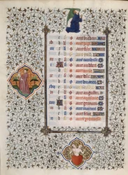 Página do manuscrito "Les Tres Riches Hours du Duke François de Guise" iluminado pelo Mestre de Boucicaut: representação dos signos do zodíaco e cenas da vida quotidiana: pedras preciosas. Século XV. Musee Conde, Chantilly